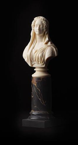 Lady Rutherfurd (miniature bust modeled after an original sculpture by John Steell). The bust measures around four inches and is mounted on a five-inch black marble column. Inscribed 'J Steell/Cheverton'.