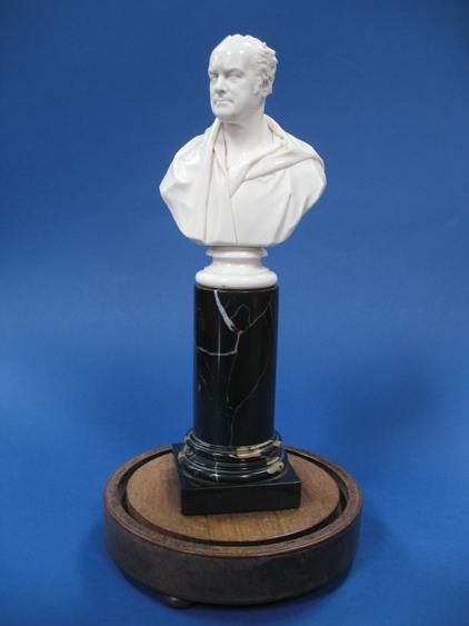 Ivory Bust. Inscribed Sir John Nichol, Judge of the Arches and Prerogative Courts of Canterbury and of the High Court of Admiralty, 1834, F. Chantry Sculptor, Cheverton 1836. H 10.5 inches.