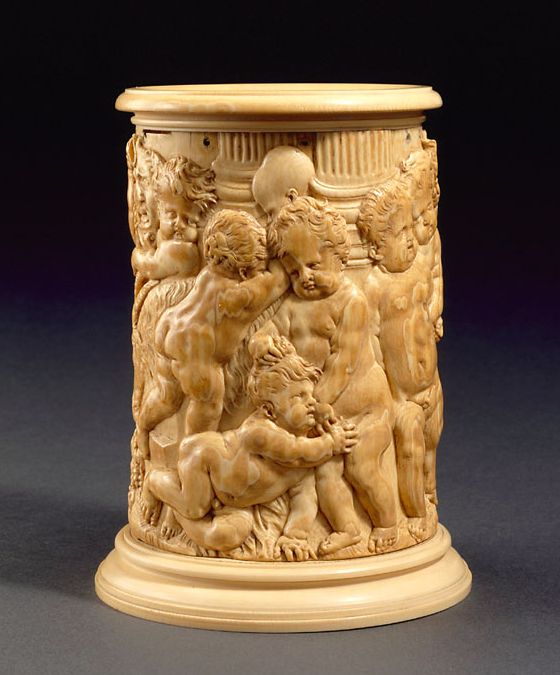 Duquesnoy, cylinder of ivory, depicting a bacchanal, Seventeenth century, 18.8 cm high; 14 cm in diameter; Rothschild Collction, musée de Cluny, Paris.