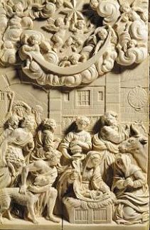 Ivory Relief. Attributed to Georg Pfründt. The Adoration of the Magi. 30 x 19.5 cm.