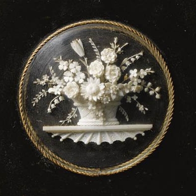 Floral Bouquet in a Straw Basket, ivory micro sculpture, 8 cm by 8cm, late 18th-early 19th Century
